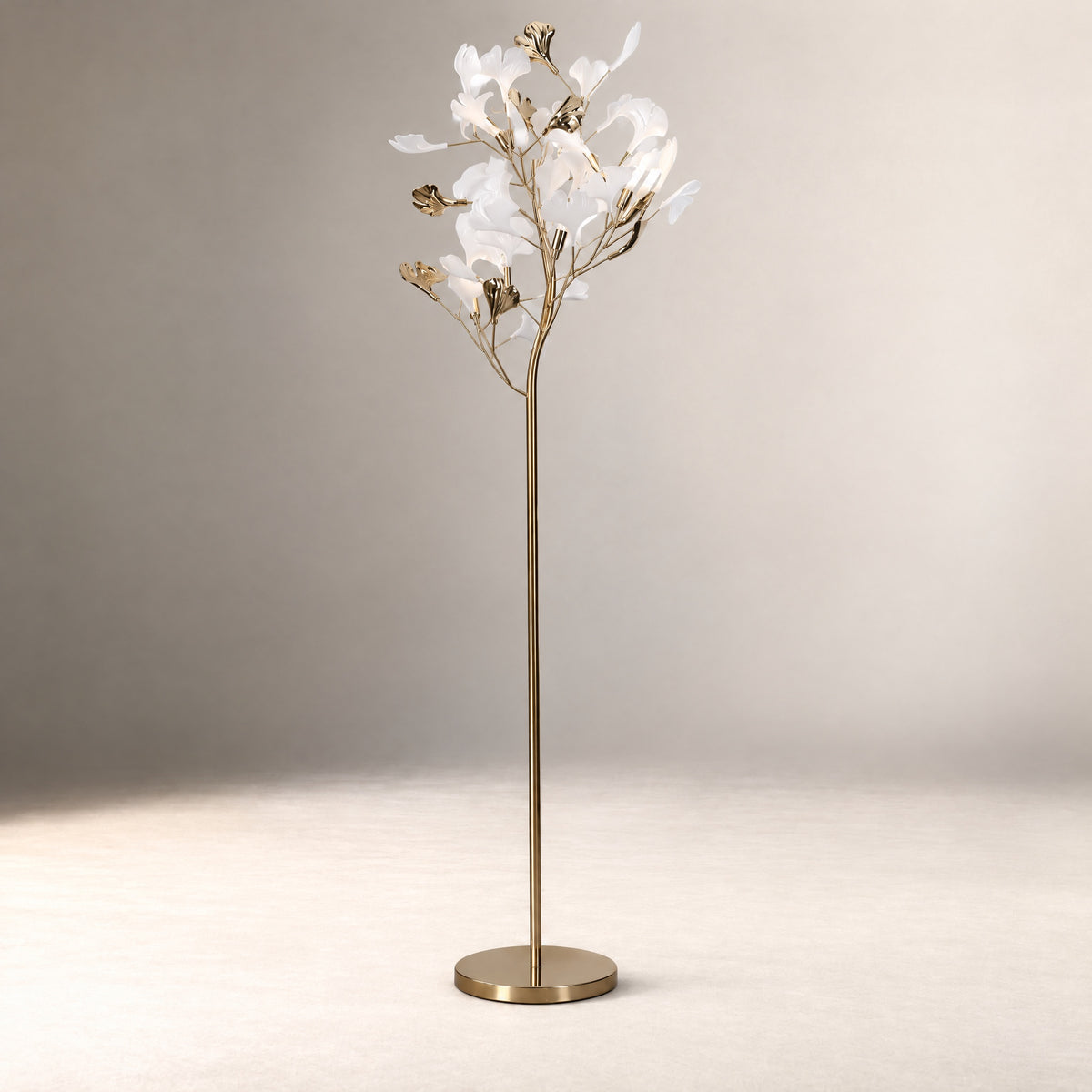 Modern Floor Lamp Ginkgo Gold Metal and Ceramic 5-Light for Living Room – lights off