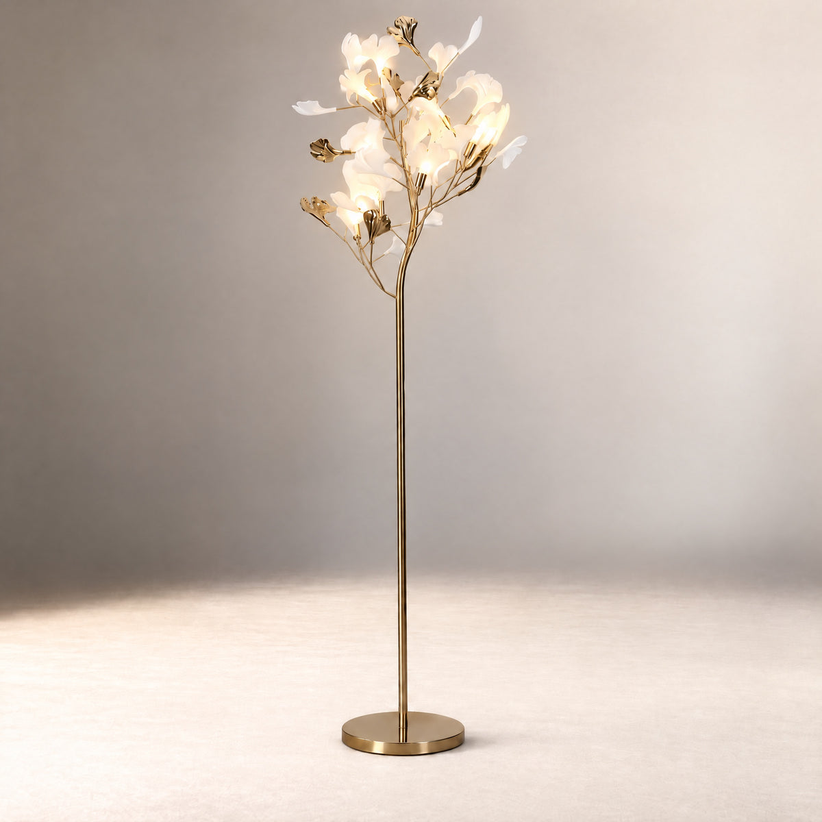 Modern Floor Lamp Ginkgo Gold Metal and Ceramic 5-Light for Living Room – lights on
