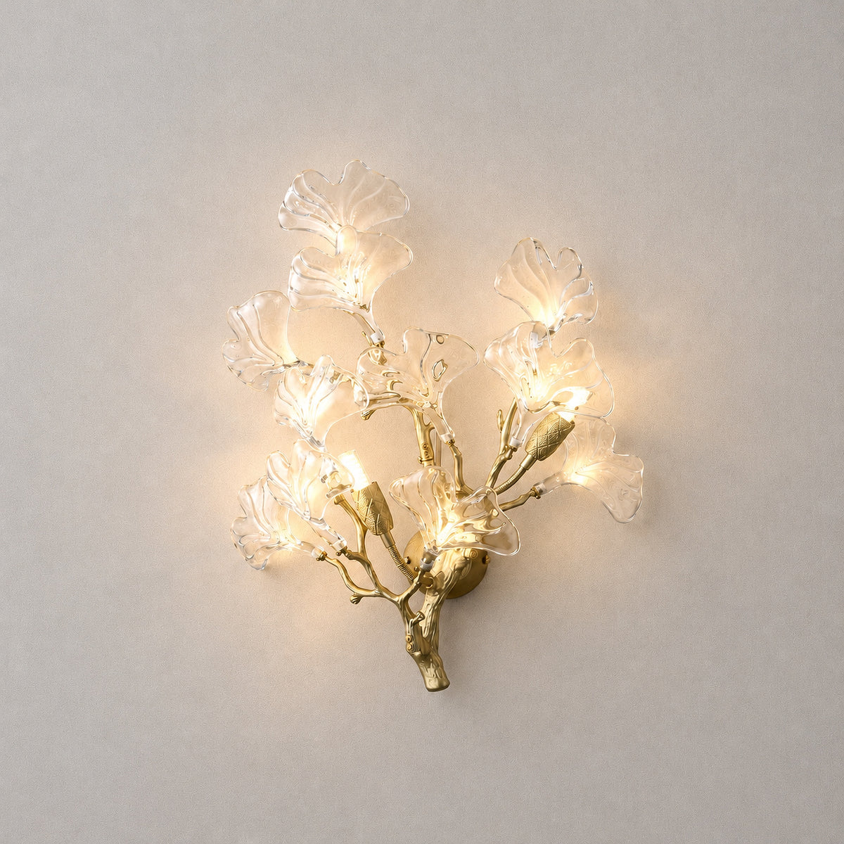 Ginkgo Leaf Glass and Brass Branch Wall Sconce