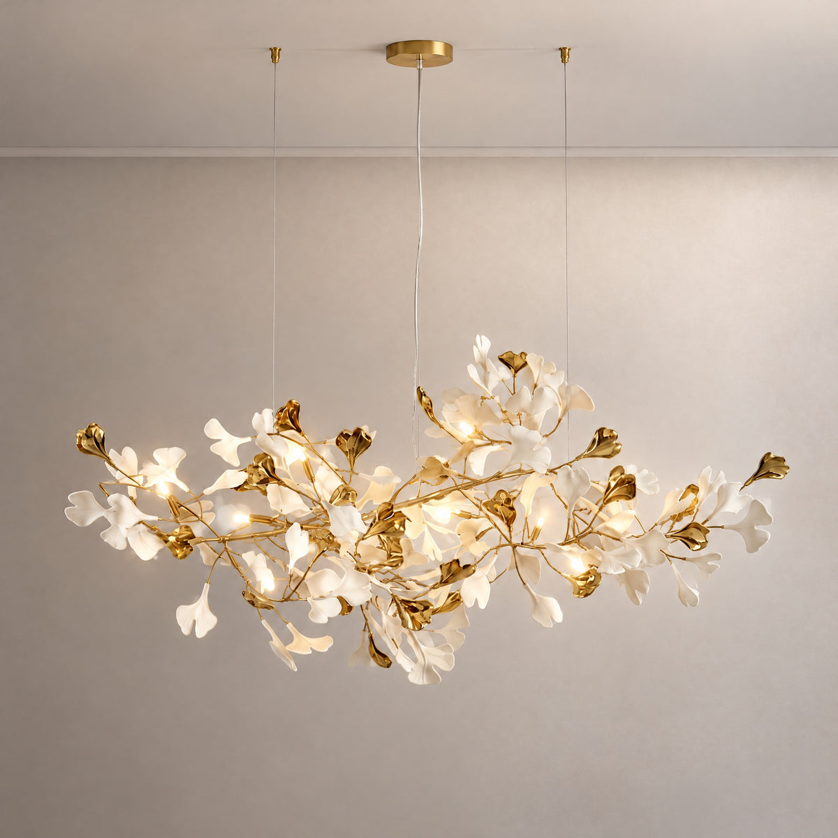 Modern Chandelier Ginkgo Ceramic Leaf Metal Gold Nickel for Dining Room Kitchen – lights on