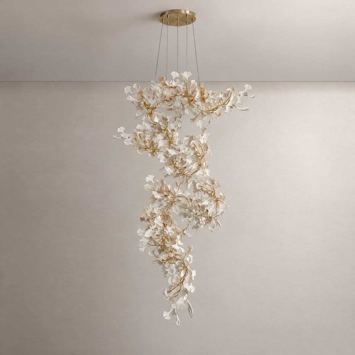 Modern Chandelier White Ceramic Gold Metal Ø31.5" × H59.1" for Staircase Foyer – lights off