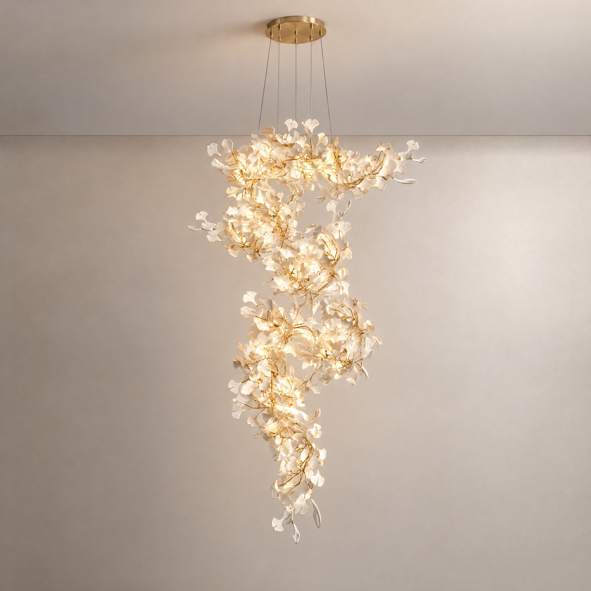 Modern Chandelier White Ceramic Gold Metal Ø31.5" × H59.1" for Staircase Foyer – lights on