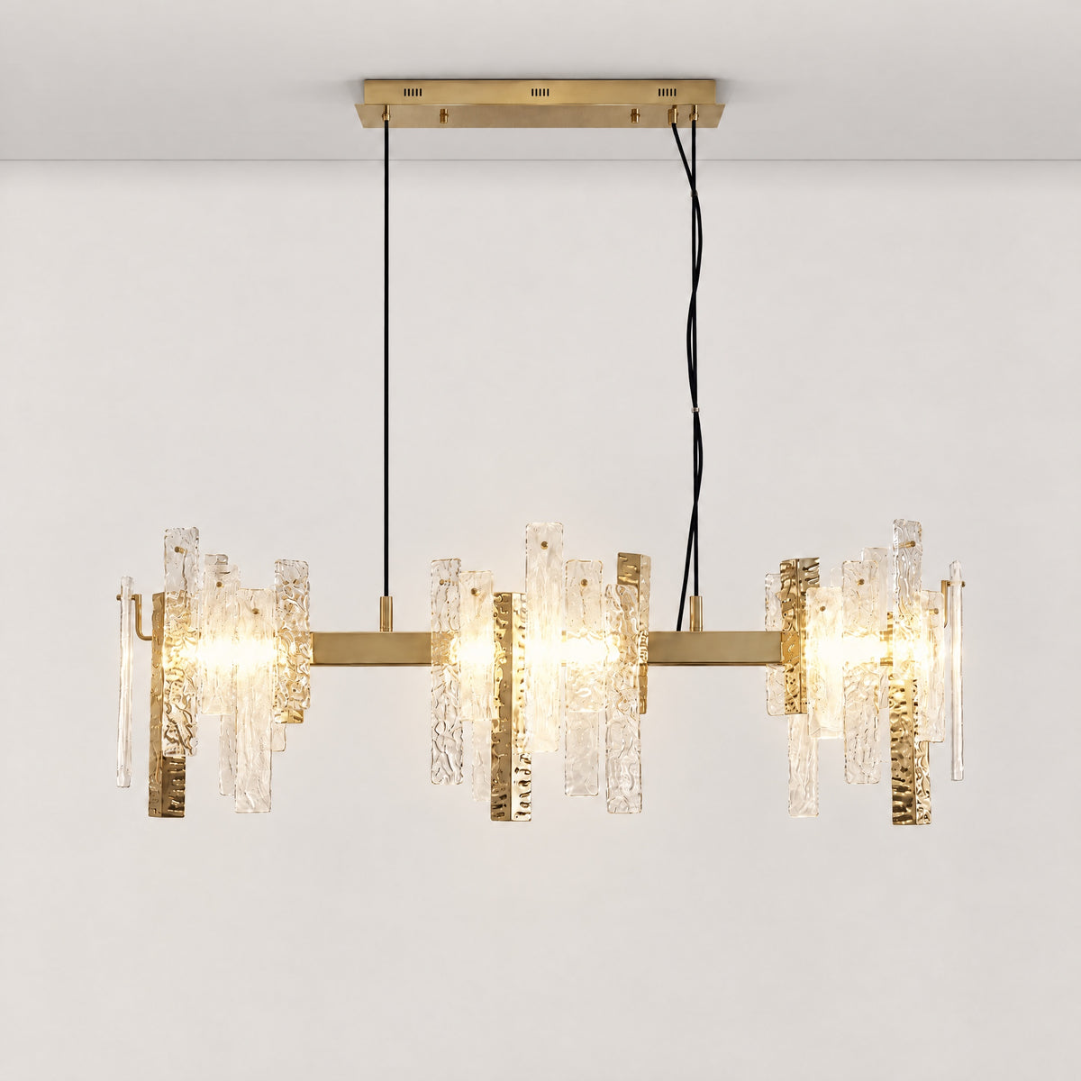 Glacier Textured Glass Linear Chandelier – lights on