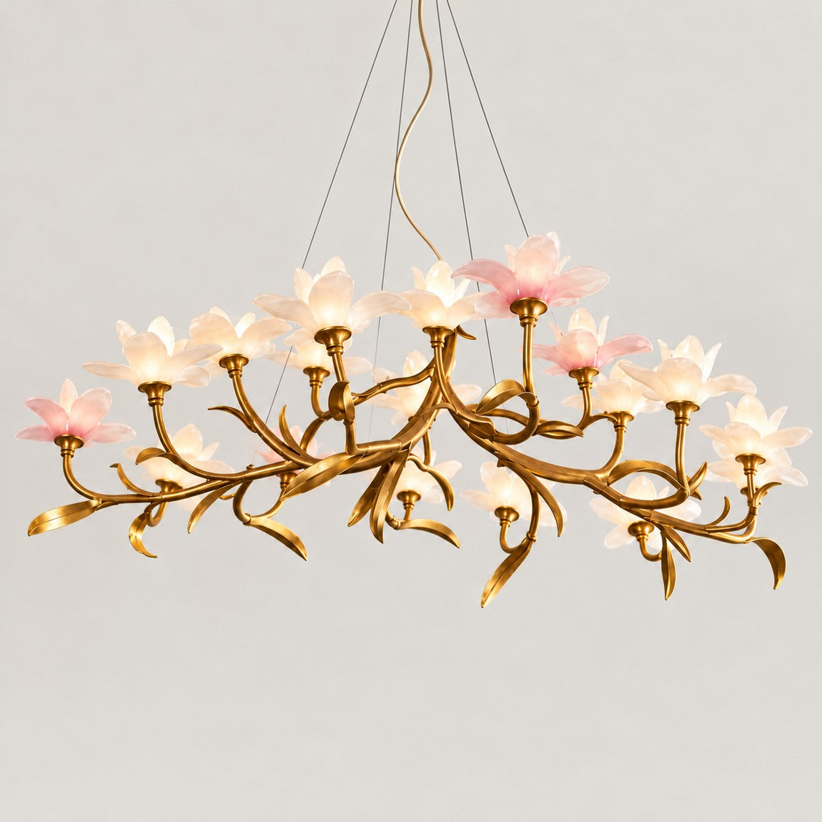 Glass Chandelier Art Nouveau Antique Brass Metal 18-Light for Dining Room on a light warm plaster wall