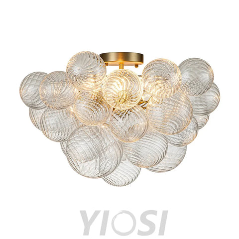 3-Light Brass Cluster Ribbed Glass Bubble Semi Flush Chandelier