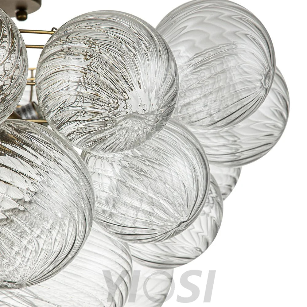 3-Light Brass Cluster Ribbed Glass Bubble Semi Flush Chandelier