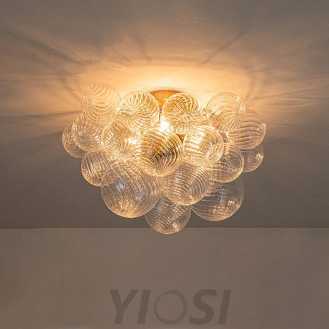 3-Light Brass Cluster Ribbed Glass Bubble Semi Flush Chandelier