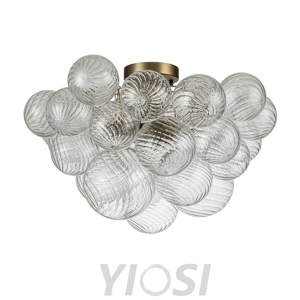 3-Light Brass Cluster Ribbed Glass Bubble Semi Flush Chandelier