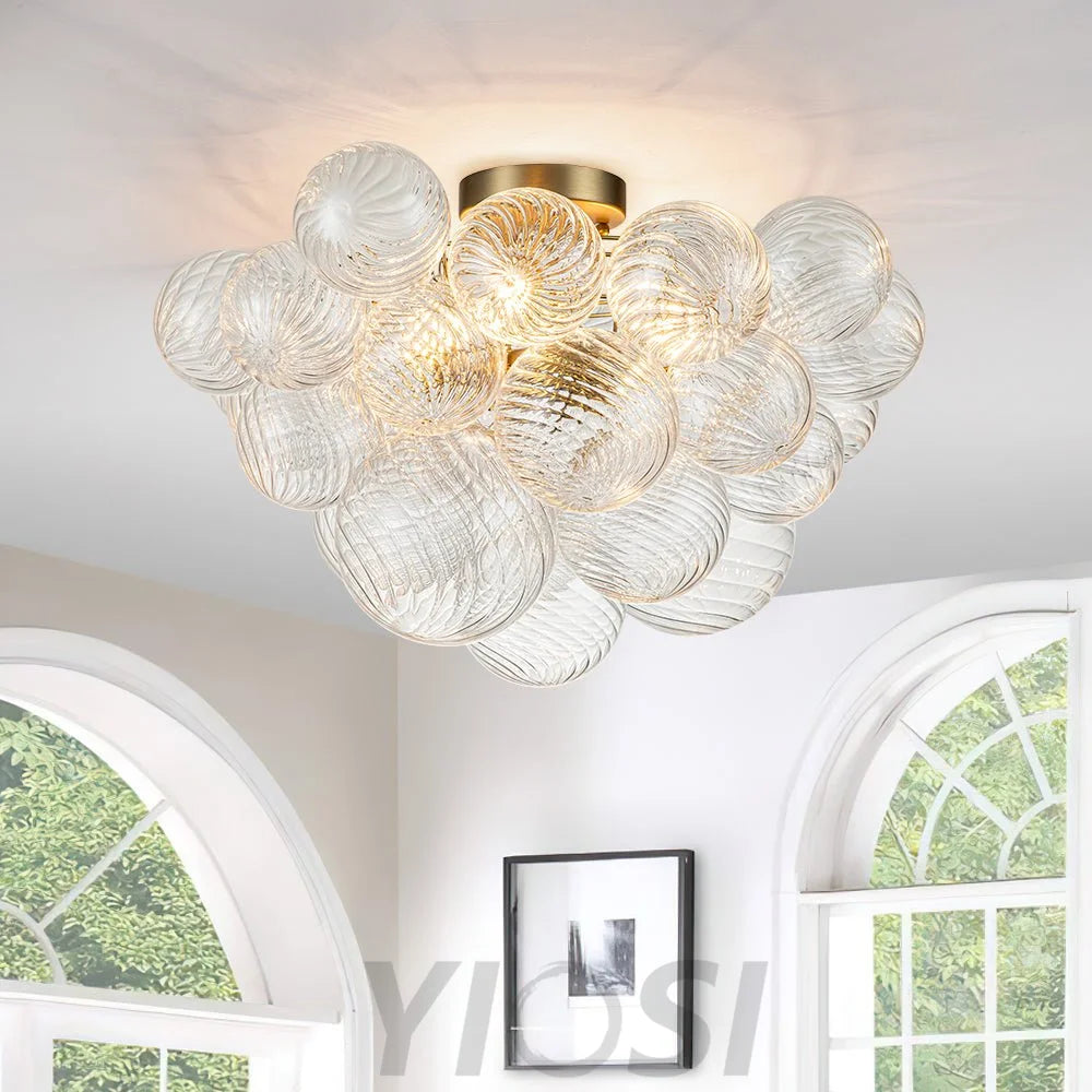 3-Light Brass Cluster Ribbed Glass Bubble Semi Flush Chandelier