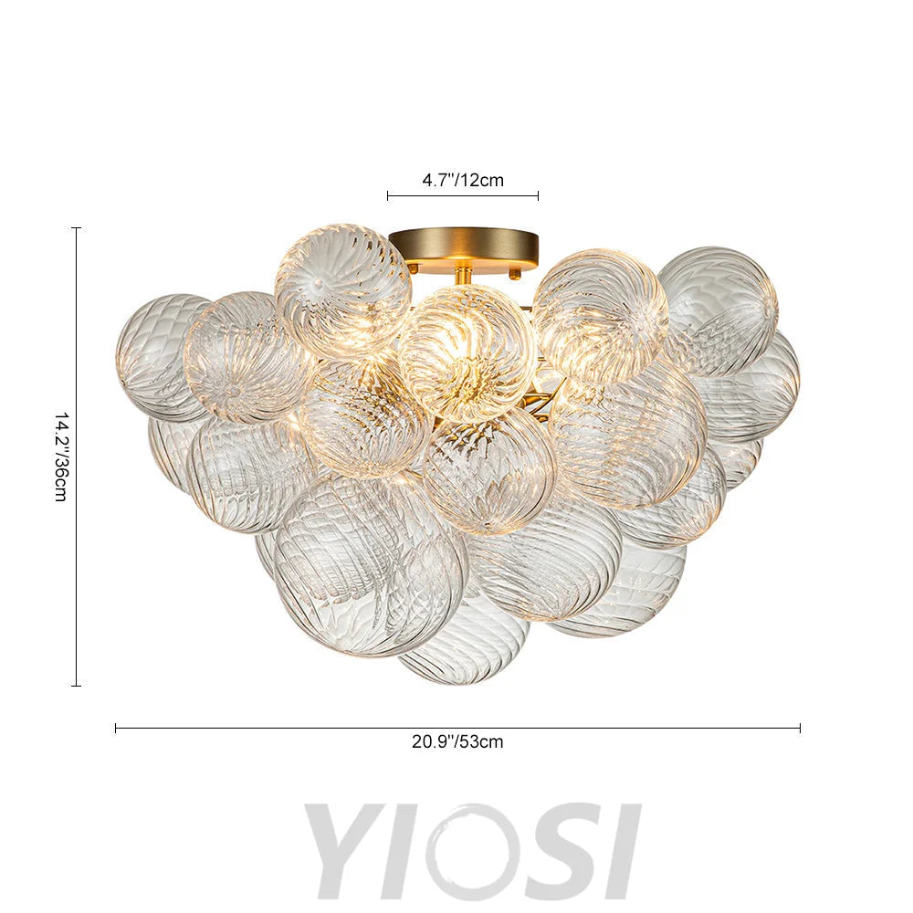 3-Light Brass Cluster Ribbed Glass Bubble Semi Flush Chandelier