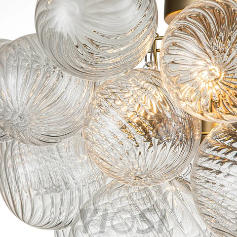 3-Light Brass Cluster Ribbed Glass Bubble Semi Flush Chandelier