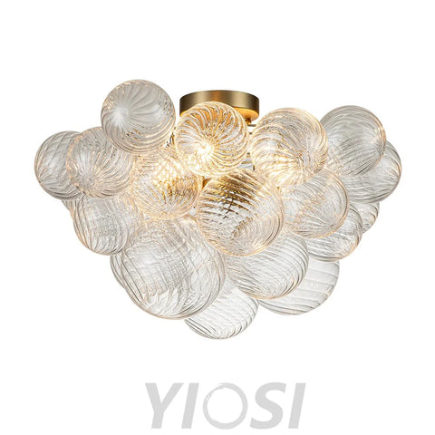 3-Light Brass Cluster Ribbed Glass Bubble Semi Flush Chandelier