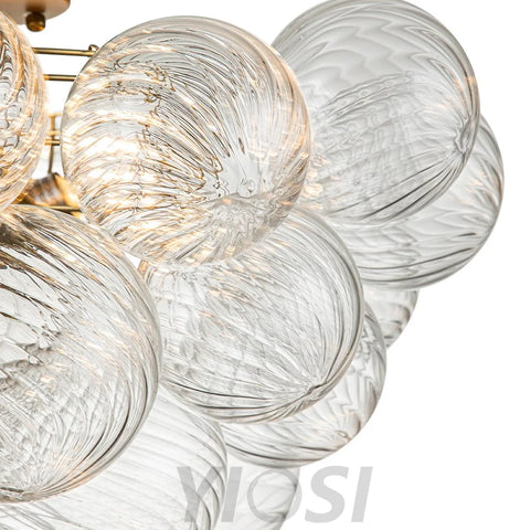 3-Light Brass Cluster Ribbed Glass Bubble Semi Flush Chandelier