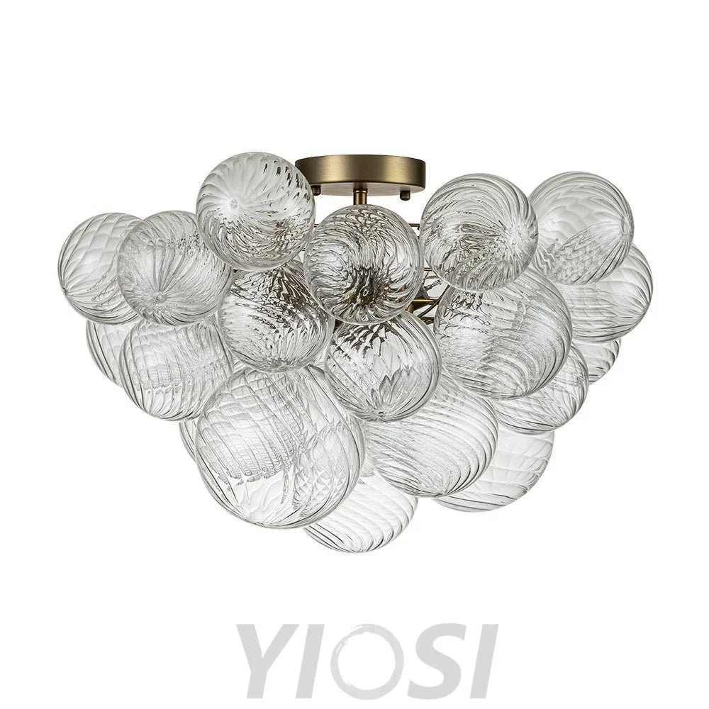 3-Light Brass Cluster Ribbed Glass Bubble Semi Flush Chandelier