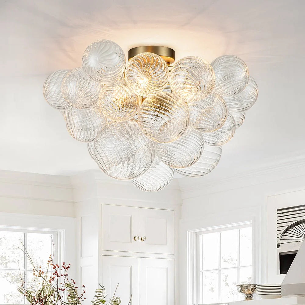 3-Light Brass Cluster Ribbed Glass Bubble Semi Flush Chandelier