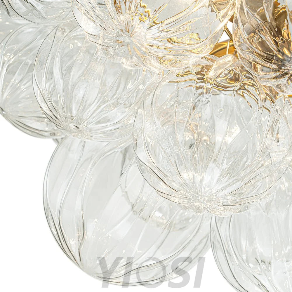 3-Light Brass Sculpture Glass Globe Bubble Semi Flush Chandelier