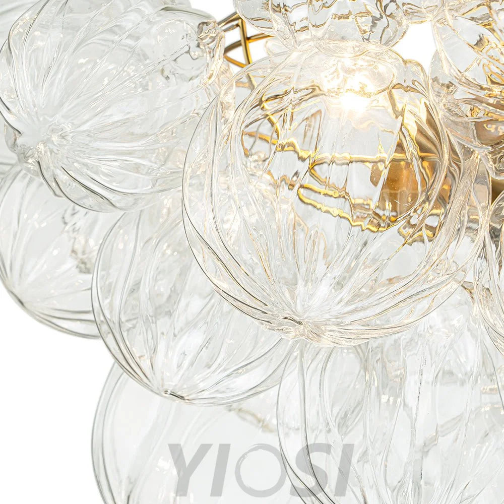 3-Light Brass Sculpture Glass Globe Bubble Semi Flush Chandelier