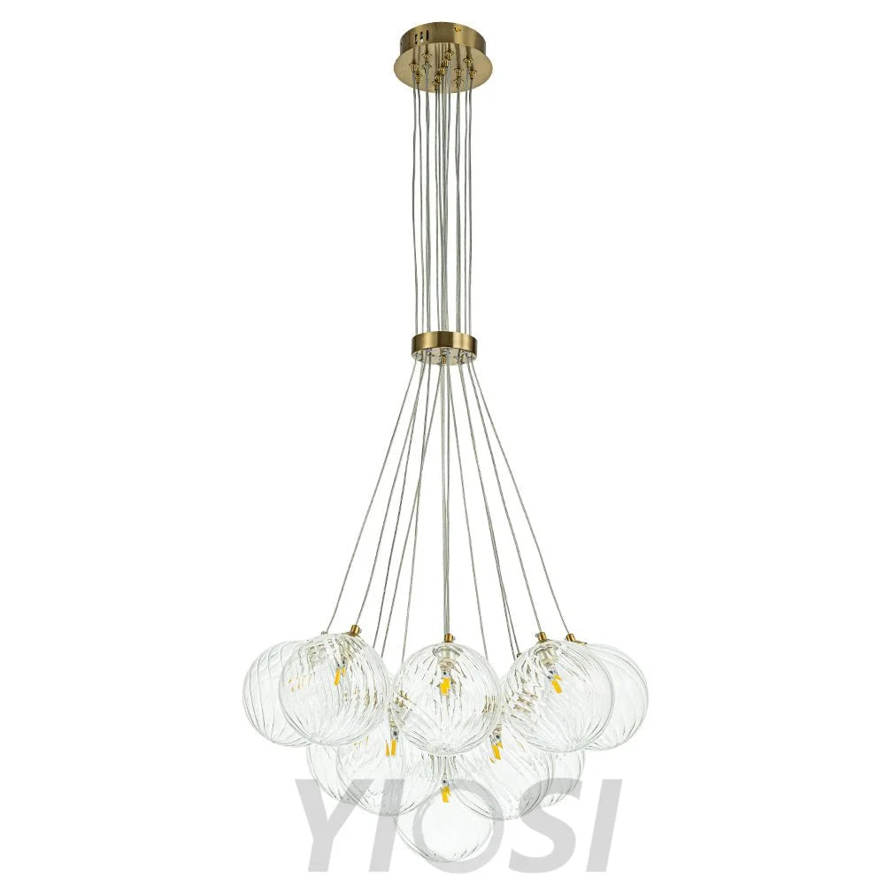 Brass Clear Ribbed Glass Ball Cluster Bubble Chandelier