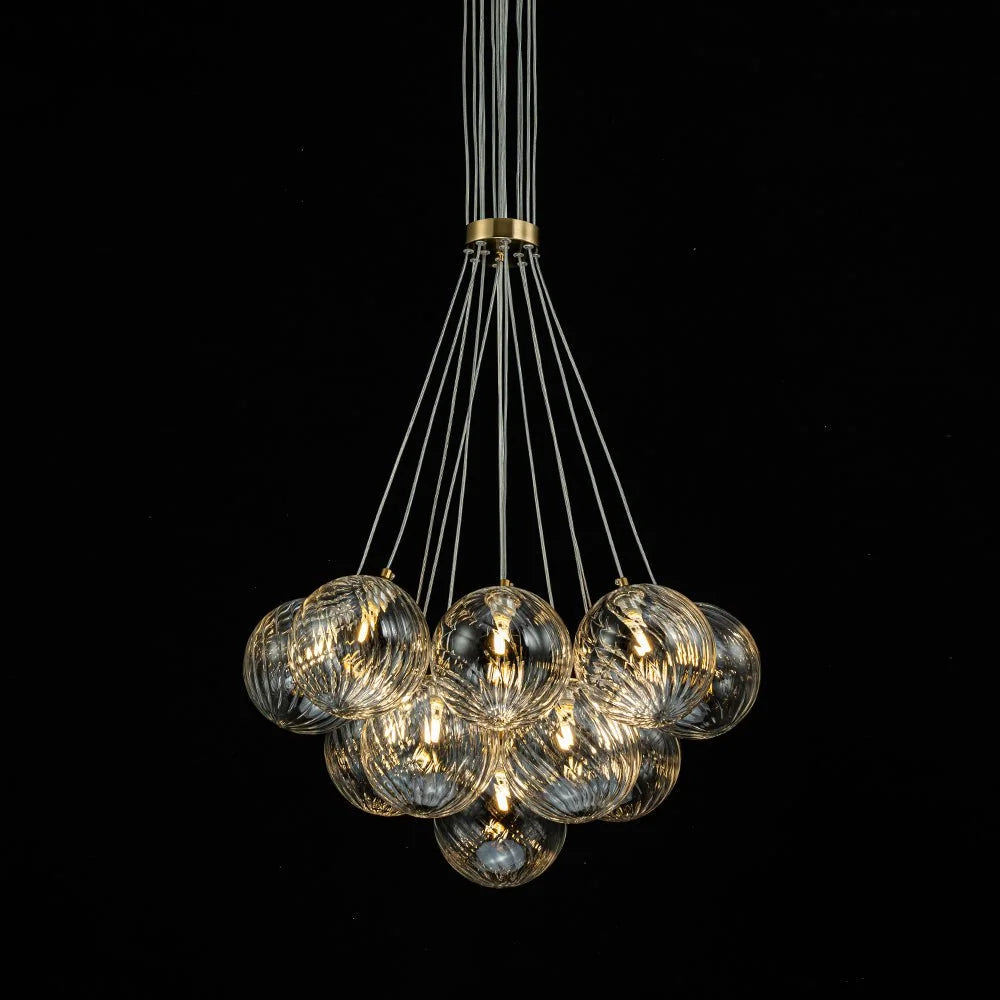 Brass Clear Ribbed Glass Ball Cluster Bubble Chandelier 13-Lt