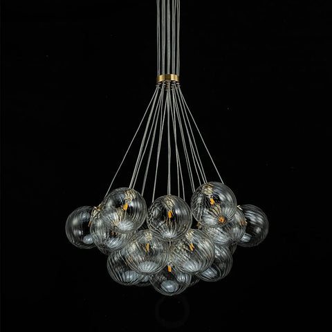 Brass Clear Ribbed Glass Ball Cluster Bubble Chandelier