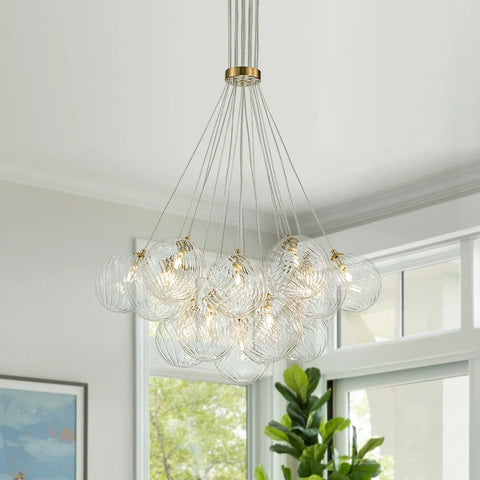 Brass Clear Ribbed Glass Ball Cluster Bubble Chandelier 19-Lt