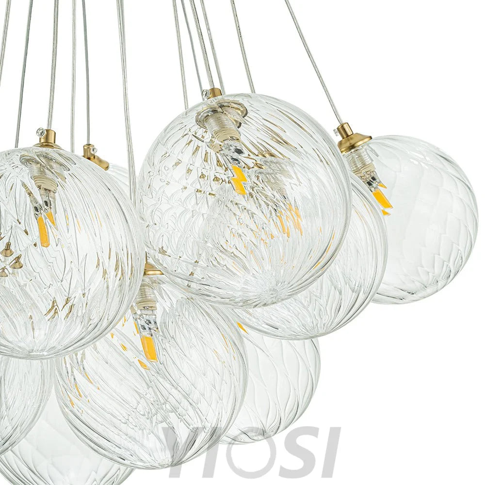 Brass Clear Ribbed Glass Ball Cluster Bubble Chandelier