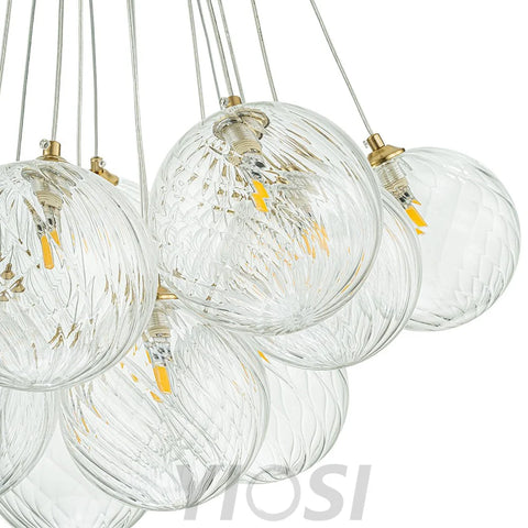 Brass Clear Ribbed Glass Ball Cluster Bubble Chandelier