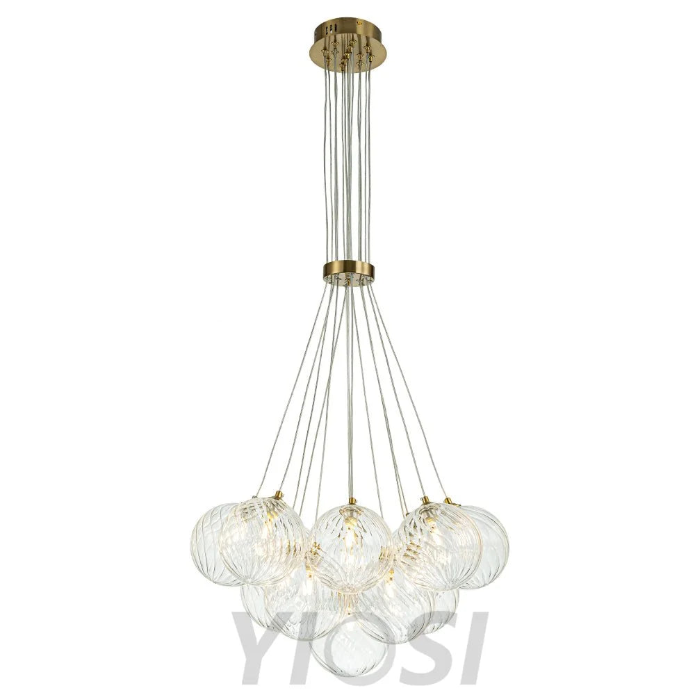 Brass Clear Ribbed Glass Ball Cluster Bubble Chandelier