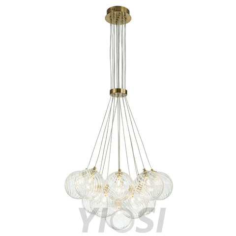 Brass Clear Ribbed Glass Ball Cluster Bubble Chandelier