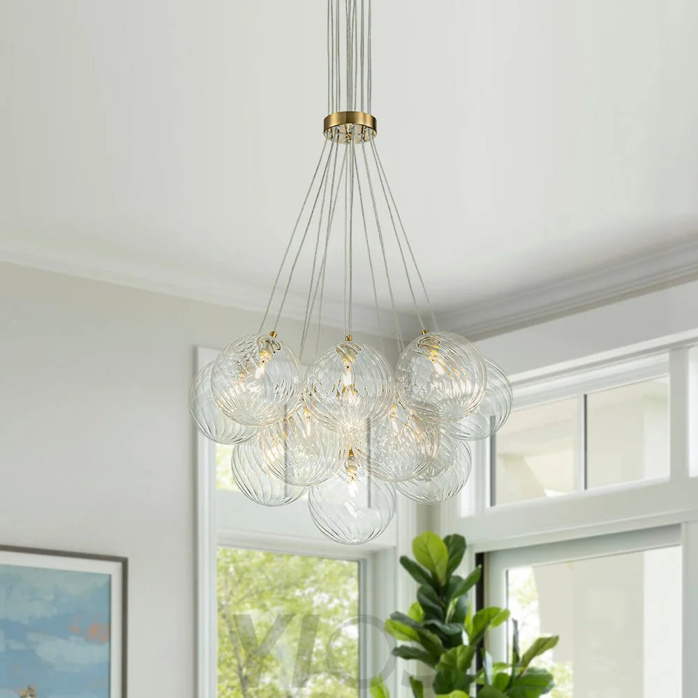 Brass Clear Ribbed Glass Ball Cluster Bubble Chandelier