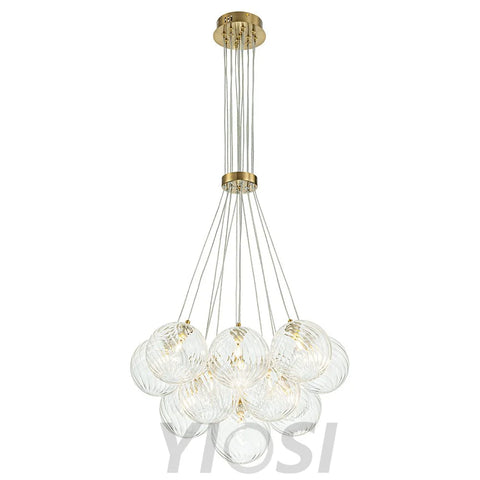 Brass Clear Ribbed Glass Ball Cluster Bubble Chandelier