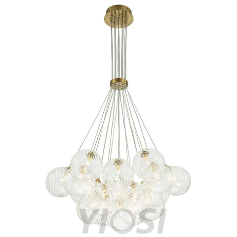 Brass Clear Ribbed Glass Ball Cluster Bubble Chandelier