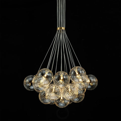 Brass Clear Ribbed Glass Ball Cluster Bubble Chandelier