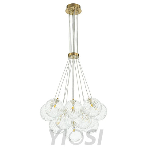 Brass Clear Ribbed Glass Ball Cluster Bubble Chandelier