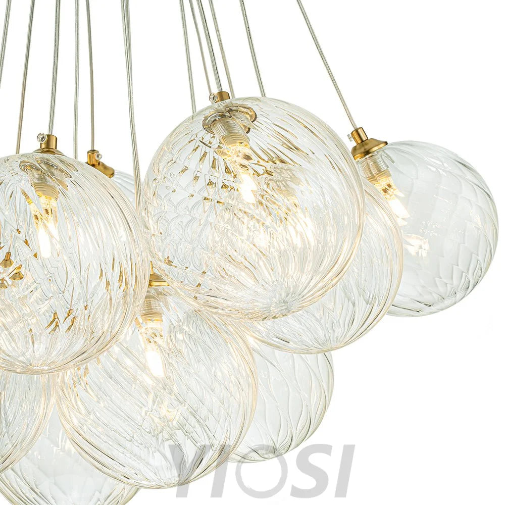 Brass Clear Ribbed Glass Ball Cluster Bubble Chandelier