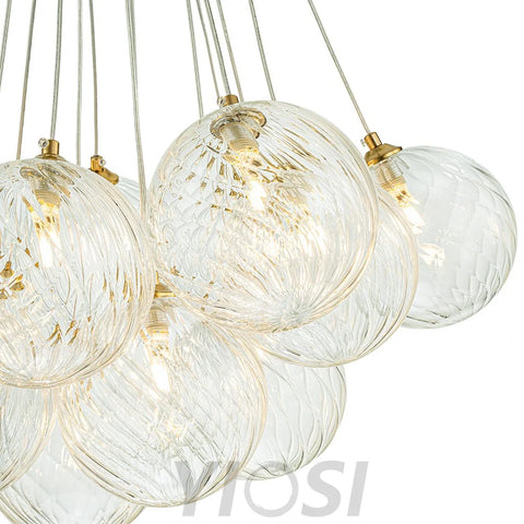 Brass Clear Ribbed Glass Ball Cluster Bubble Chandelier