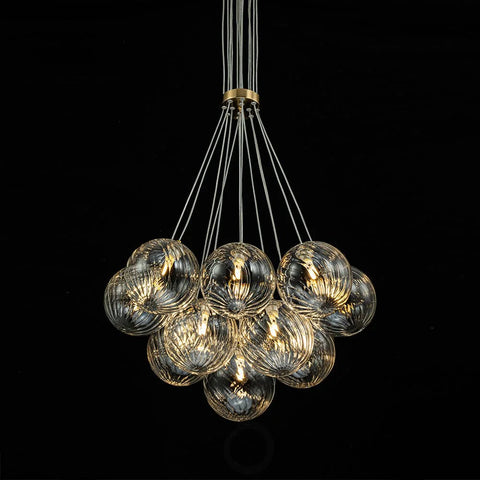 Brass Clear Ribbed Glass Ball Cluster Bubble Chandelier