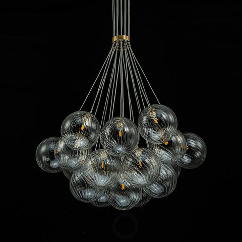 Brass Clear Ribbed Glass Ball Cluster Bubble Chandelier