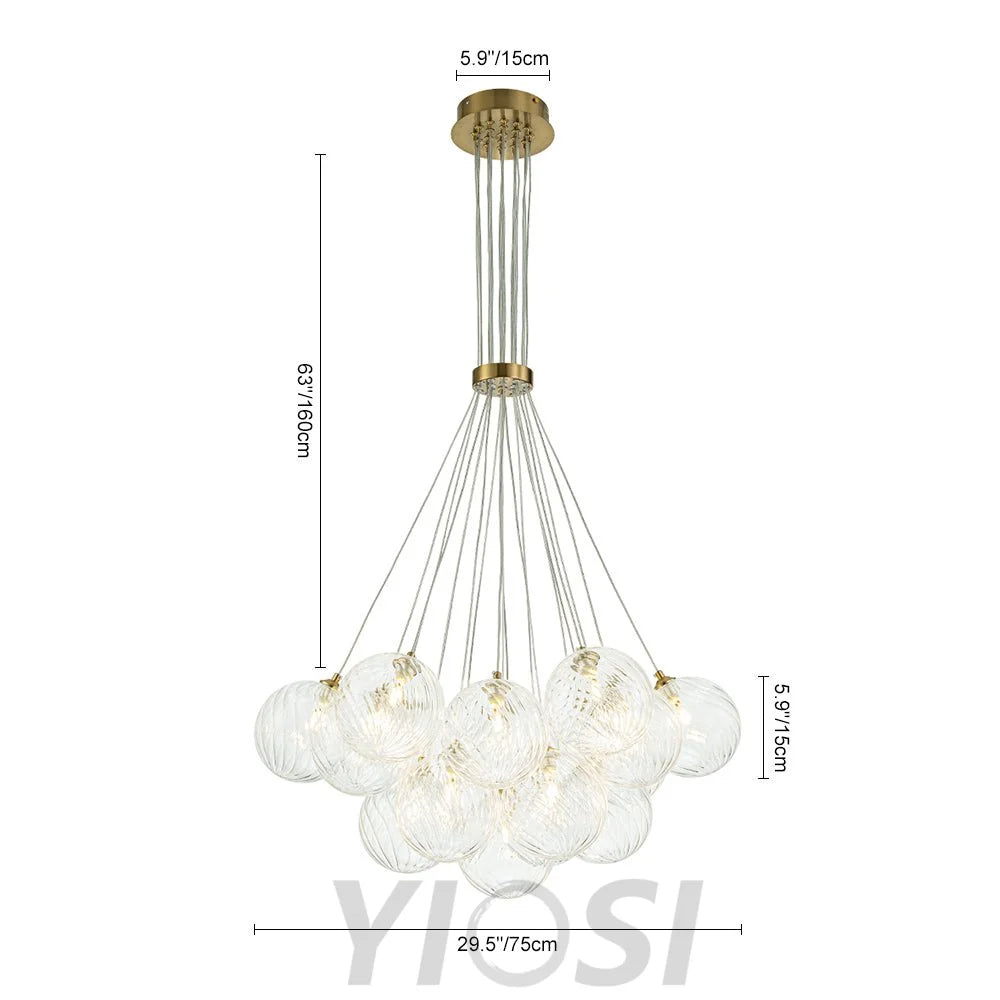 Brass Clear Ribbed Glass Ball Cluster Bubble Chandelier