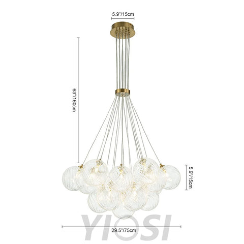 Brass Clear Ribbed Glass Ball Cluster Bubble Chandelier