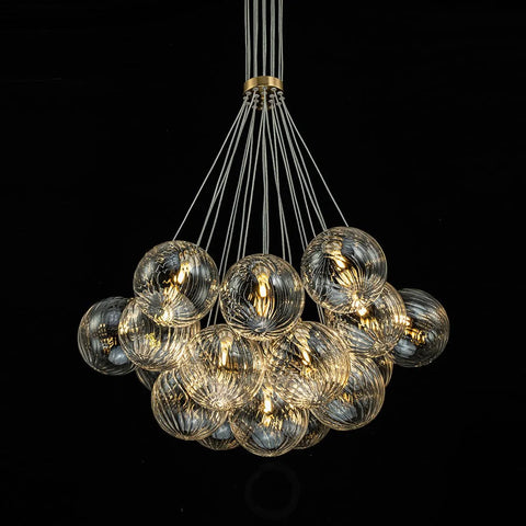 Brass Clear Ribbed Glass Ball Cluster Bubble Chandelier