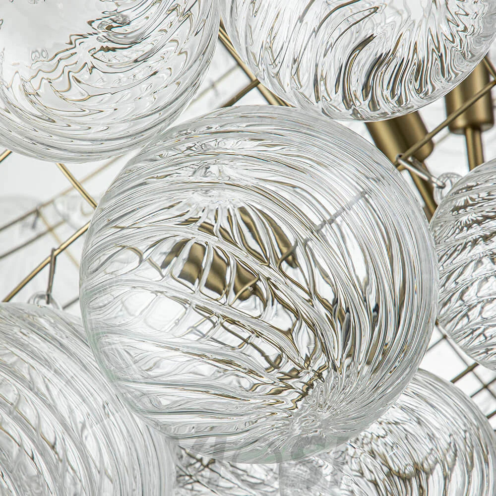 Brass Cluster Ribbed Glass Globe Bubble Chandelier