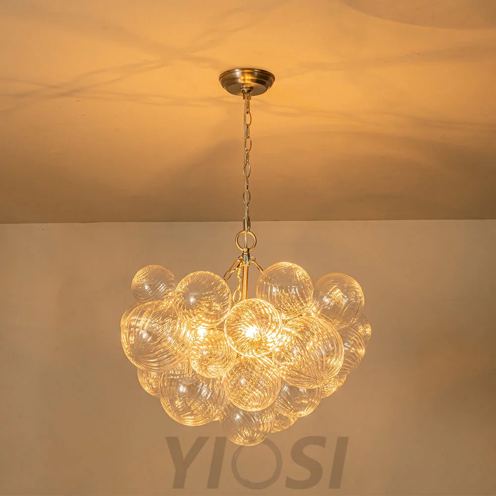 Brass Cluster Ribbed Glass Globe Bubble Chandelier