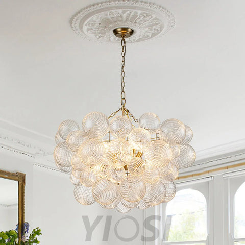 Brass Cluster Ribbed Glass Globe Bubble Chandelier