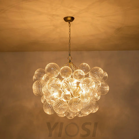 Brass Cluster Ribbed Glass Globe Bubble Chandelier