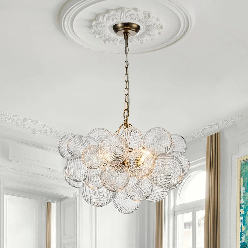 Brass Cluster Ribbed Glass Globe Bubble Chandelier 3-Lt /