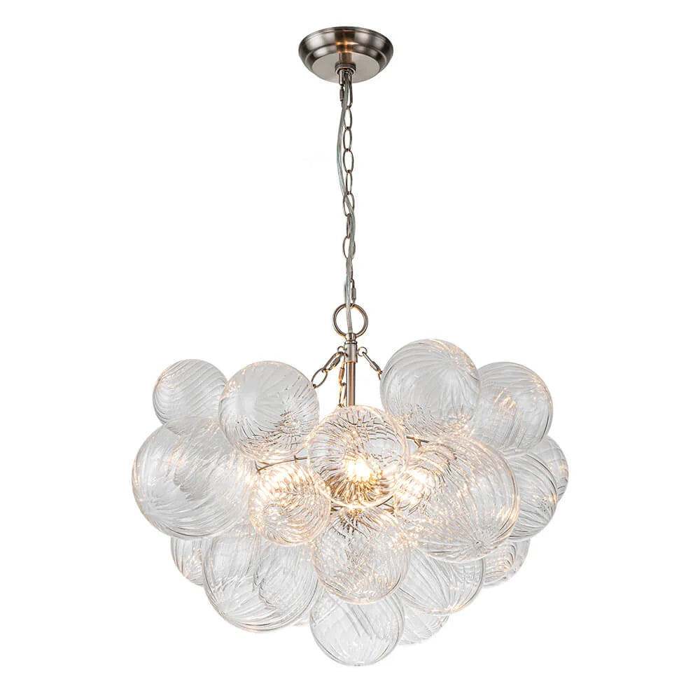 Brass Cluster Ribbed Glass Globe Bubble Chandelier 3-Lt / Nickel