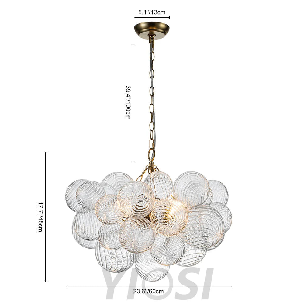 Brass Cluster Ribbed Glass Globe Bubble Chandelier