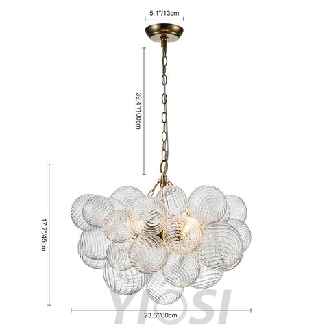 Brass Cluster Ribbed Glass Globe Bubble Chandelier