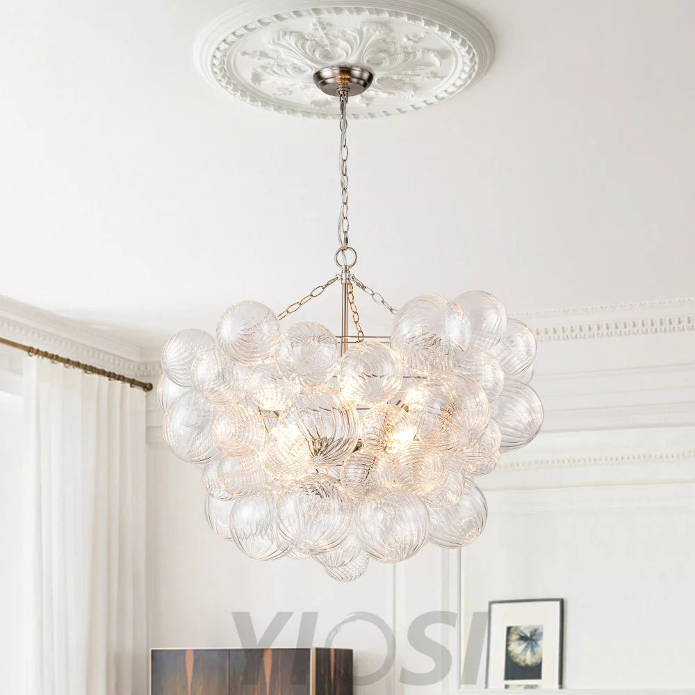 Brass Cluster Ribbed Glass Globe Bubble Chandelier